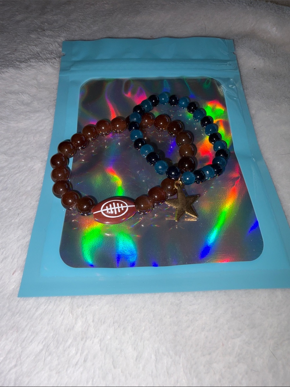Young Fan Football & Star Beaded Bracelet Set - Brown & Blue